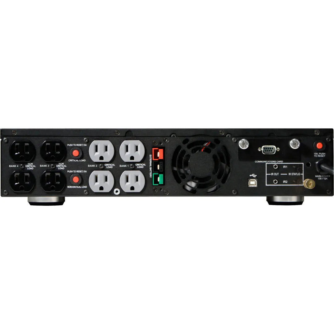 Panamax MB1500 1500VA UPS AVM IR Smart Control Power Conditioner
Back view of a power strip with multiple outlets and control buttons on a white background