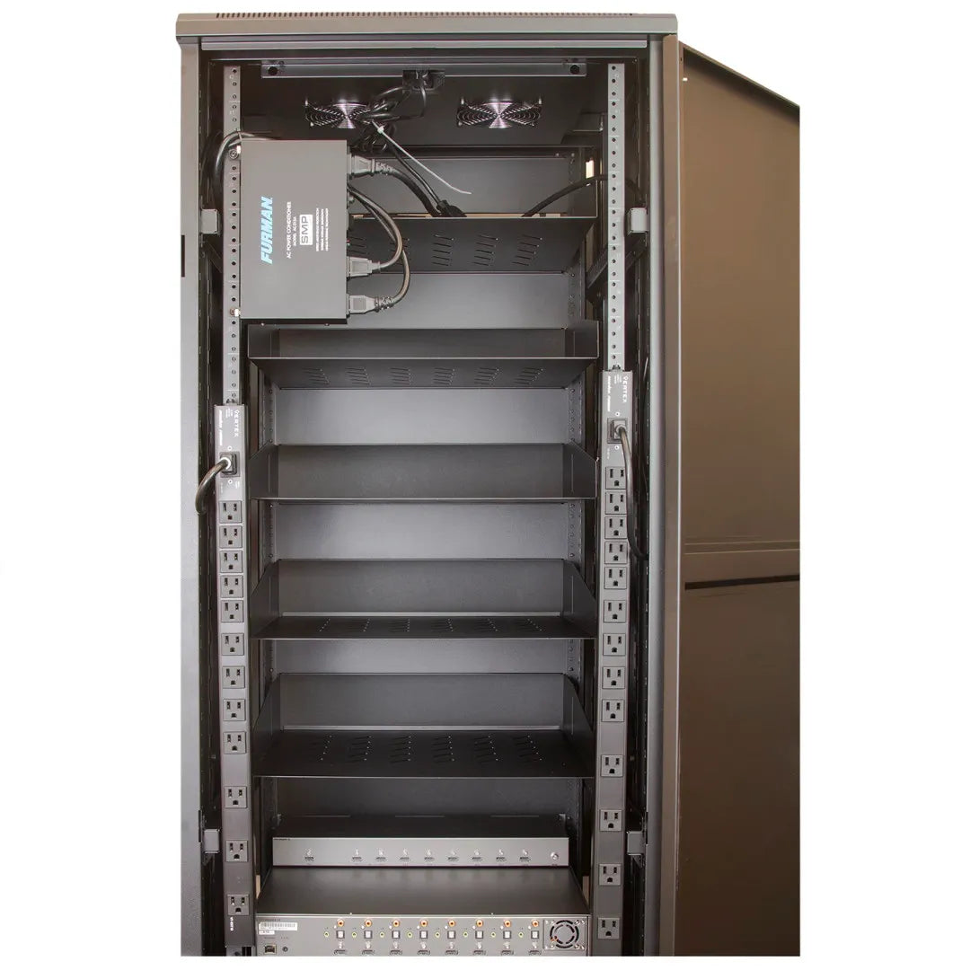 Panamax VT-EXT12 Rack 12-Outlet Vertical Power Strip Extension
Empty metal server cabinet with open door on a white background