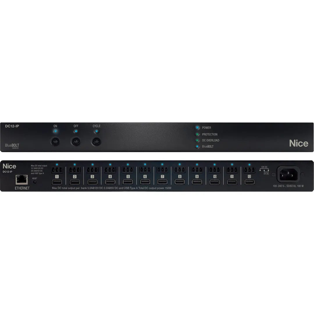 Panamax DC12-IP 12 Outputs Smart Power Control Surge Protection
Black electronic device with multiple ports and labels on a white background