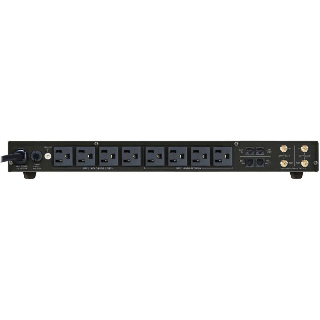 Panamax MR4300 9-Outlet AV Power Conditioner Surge Protector
Black power strip with multiple outlets on a white background