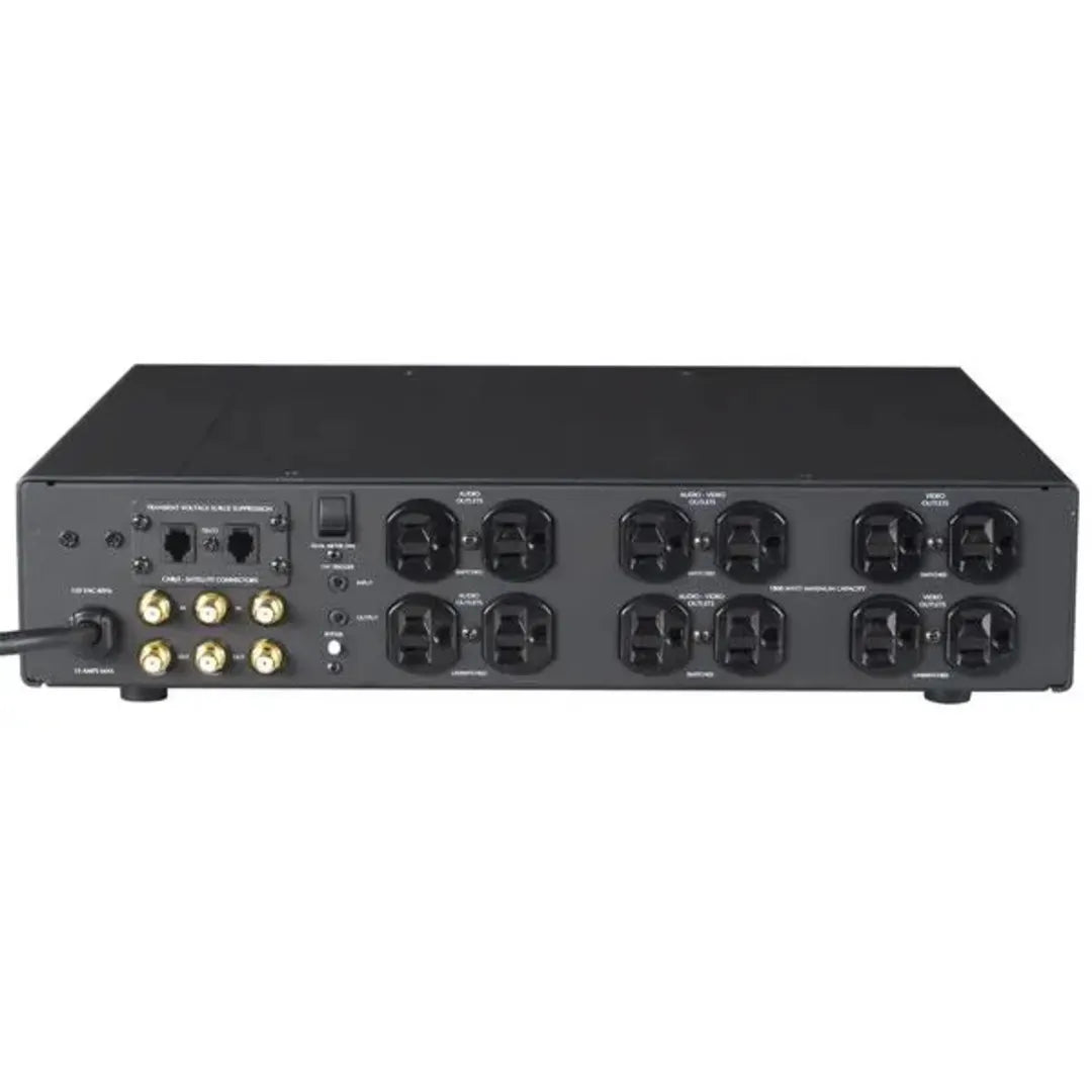 Furman Elite-15 DM i 13-Outlet AC 15A Conditioner Digital Meters
Black power distribution unit with multiple sockets on a white background