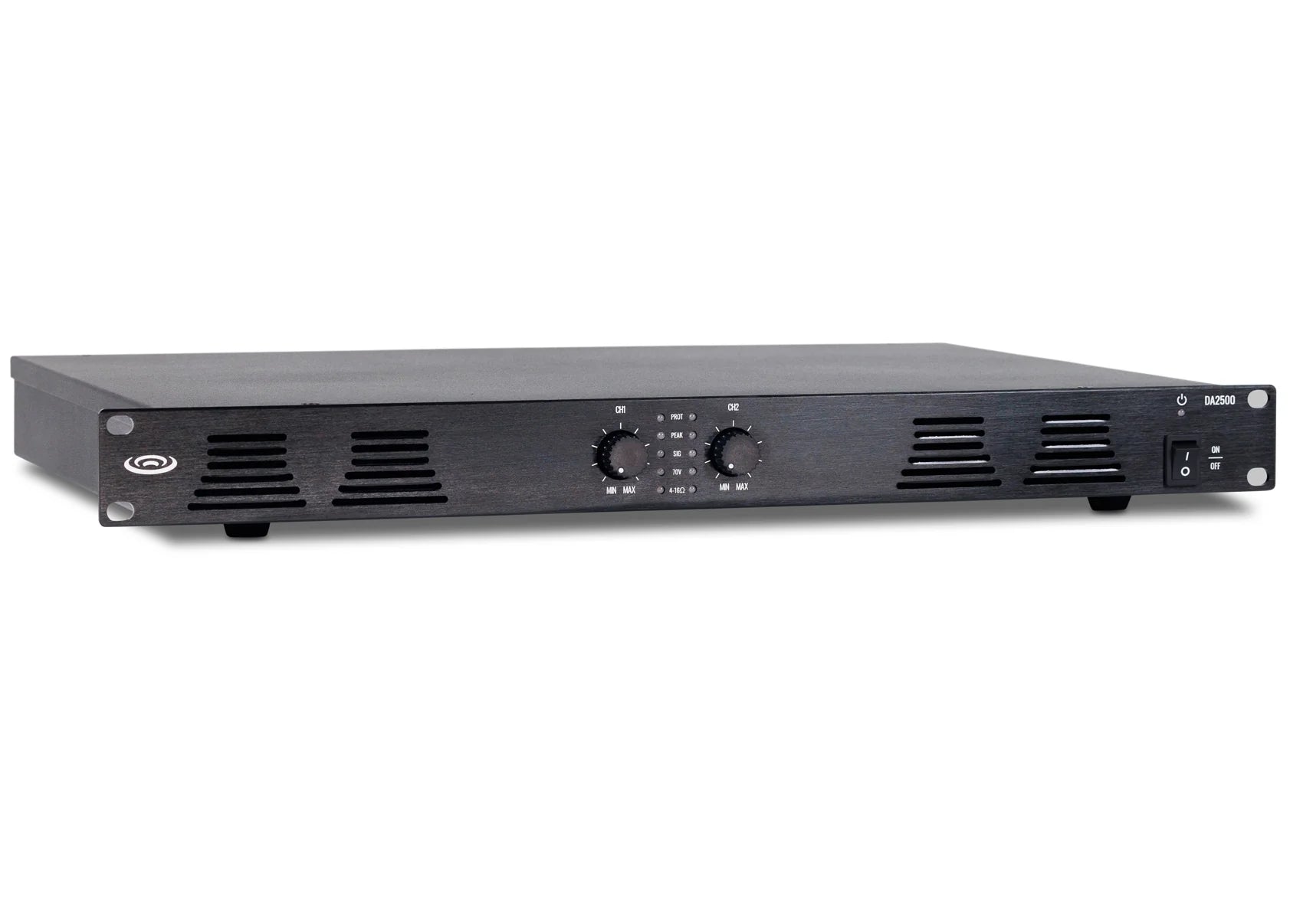 Black audio amplifier on a white background