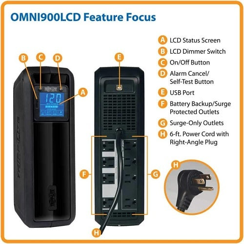 Eaton Tripp Lite OMNI900LCD Tower UPS AVR LCD 900VA 475W
Power strip with labeled features on an orange background