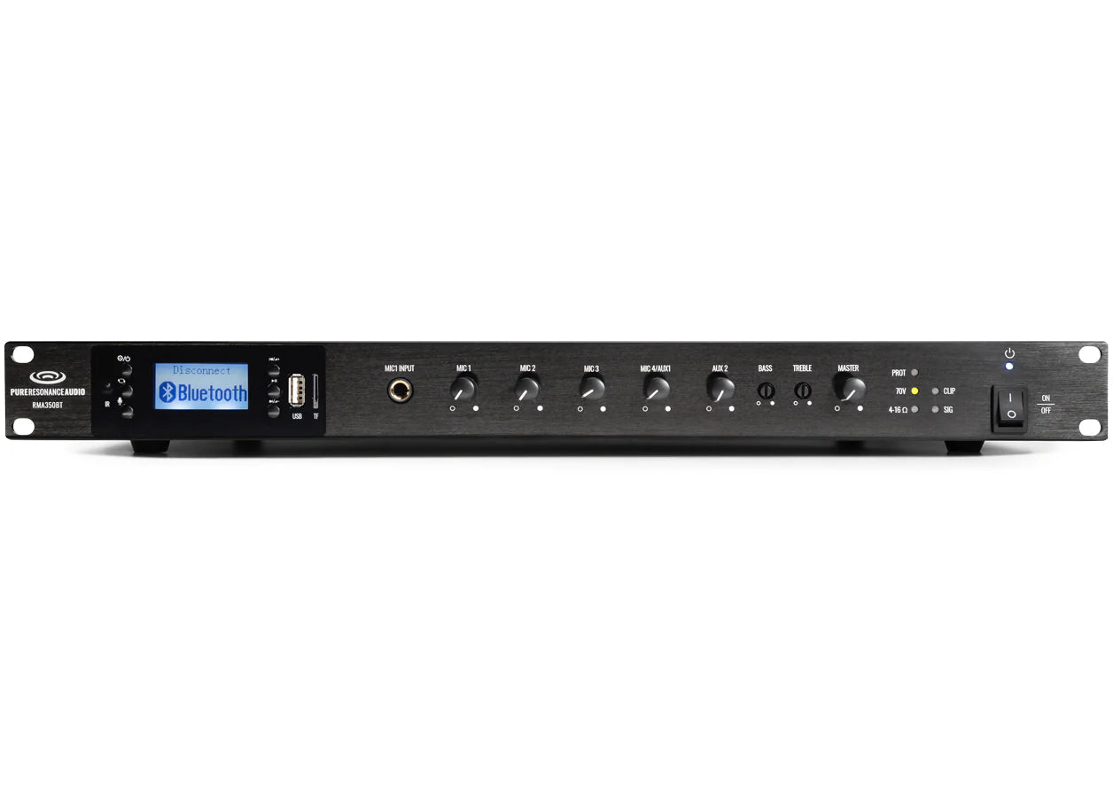 Pure Resonance Audio RMA350BT 350W Bluetooth Rack Mixer Amp
Black audio equipment with Bluetooth and USB ports on a white background