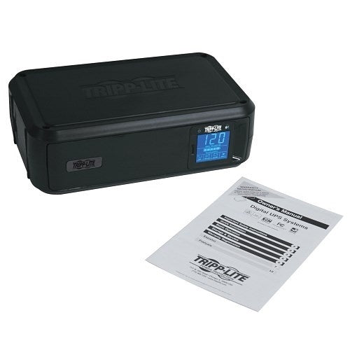 Eaton Tripp Lite OMNI900LCD Tower UPS AVR LCD 900VA 475W
Black Tripp Lite power conditioner with digital display and user manual on a white background