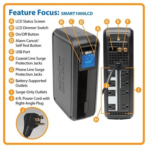 Eaton Tripp Lite SMART1000LCD Tower UPS AVR LCD 1000VA 500W
Power strip with labeled features on a white background