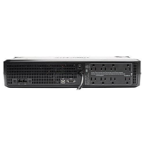 Eaton Tripp Lite SMART1200LCD 2U Rackmount UPS AVR LCD 1200VA
Back view of a power strip with multiple outlets and connectors on a white background