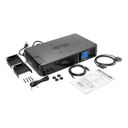 Eaton Tripp Lite SMART1200LCD 2U Rackmount UPS AVR LCD 1200VA
Power strip with connectors, cables, and manual on a white background
