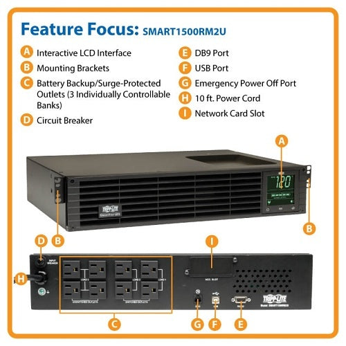 Eaton Tripp Lite SMART1500RM2U 2U Rackmount Sine Wave UPS 1500VA
Power supply unit with labeled features on a white background