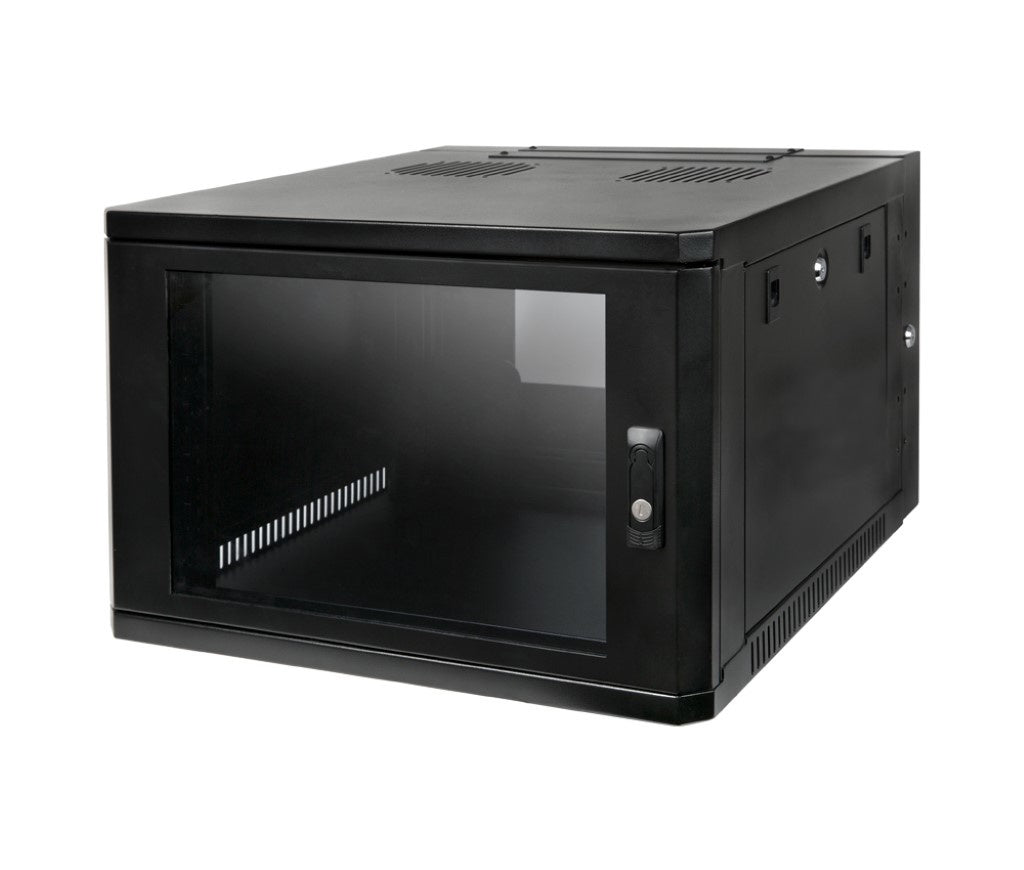 Strong SR-WMS-6U Wall Mount Rack 6U Locking Swing Out Black network equipment cabinet with glass door on a white background