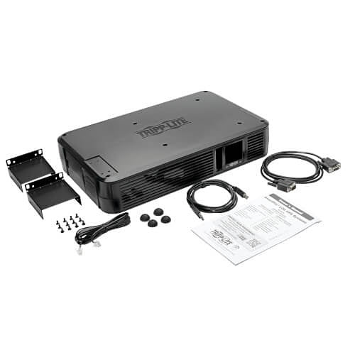 Eaton Tripp Lite SMART1500LCDXL 2U Rackmount UPS AVR 1500VA 900W
Tripp Lite power distribution unit with cables, brackets, and documentation on a white background