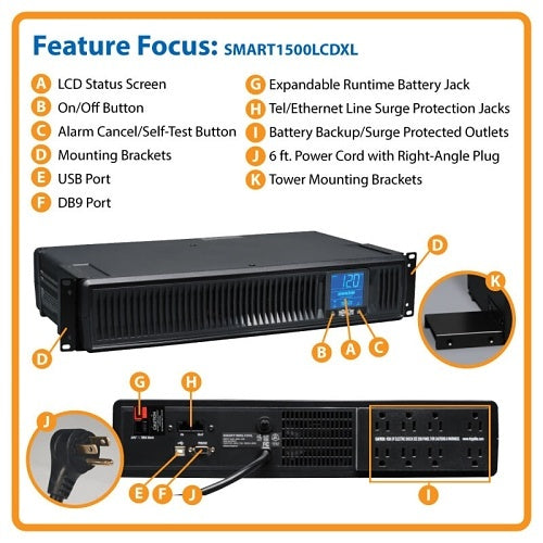 Eaton Tripp Lite SMART1500LCDXL 2U Rackmount UPS AVR 1500VA 900W
Power supply unit with labeled features on a white background