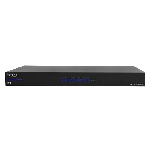 Araknis Networks AN-320-SW-R-16-POE 16-Port Gigabit PoE+ Switch
Black network switch with brand logo on a white background