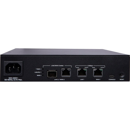 Araknis Networks AN-520-RT Dual-WAN Multi-Gigabit VPN Router Pro
Back view of a network switch with multiple ports on a white background