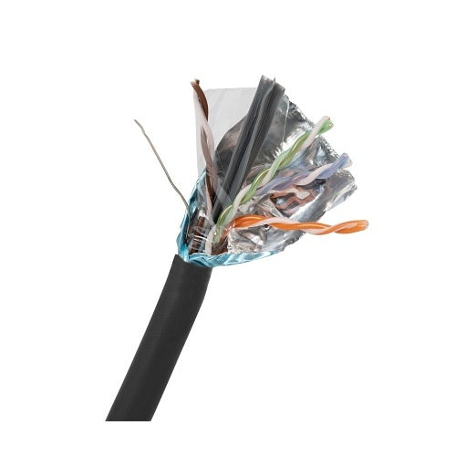 Wirepath SP-CAT6PS-1000-BLK Shielded Plenum Cat6 1000ft Close-up of a cut Ethernet cable showing the inner wires on a white background