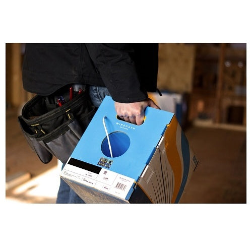 Wirepath SP-142-500-BLK 14AWG 2 Conductor Speaker Wire 500ft
Person holding a blue box with a brand logo, standing in an indoor setting.