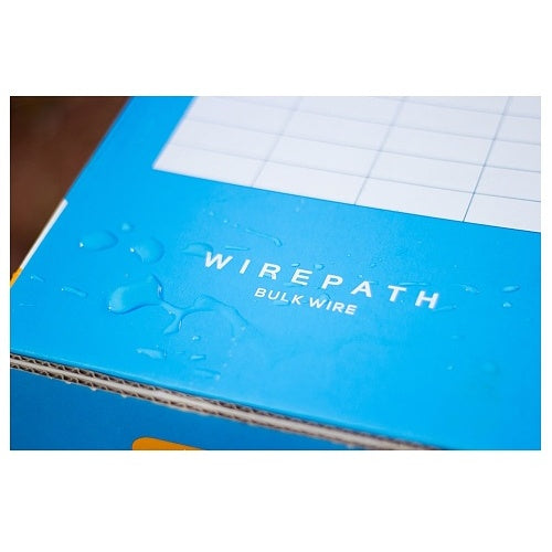 Wirepath NST-CAT6-1000-BLK Cat6 Bulk Cable 1000ft Black Blue box labeled 'Wirepath Bulk Wire' on a white grid background
