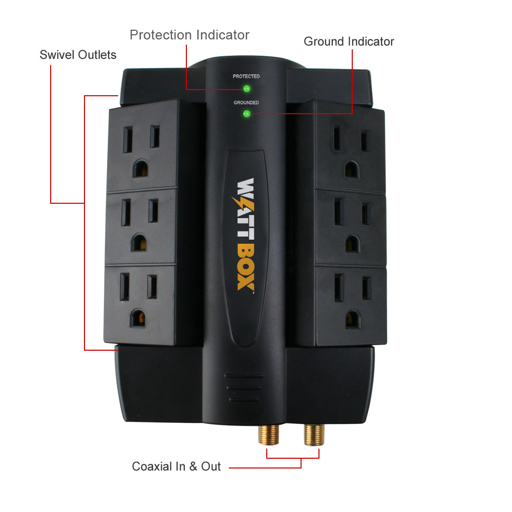 WattBox WB-200-6RWT Coax 6-Outlet Rotating Surge Protector Wall Tap Instructions on white background