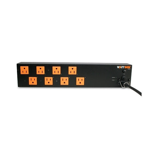WattBox WB-400-8 8 Outlets Power Conditioner with Surge Protection
Black power strip with orange outlets on a white background