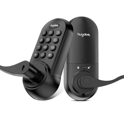 Black electronic door lock with keypad on a white background