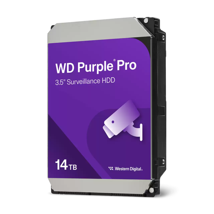 Western Digital Purple Pro 14TB hard drive on a white background